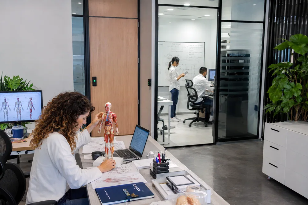 iVega Lab workspace with anatomical model and research materials